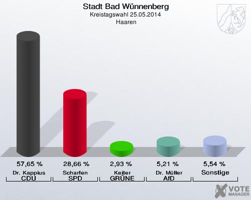 Stadt Bad Wünnenberg, Kreistagswahl 25.05.2014,  Haaren: Dr. Kappius CDU: 57,65 %. Scharfen SPD: 28,66 %. Keiter GRÜNE: 2,93 %. Dr. Müller AfD: 5,21 %. Sonstige: 5,54 %. 