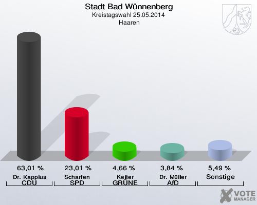 Stadt Bad Wünnenberg, Kreistagswahl 25.05.2014,  Haaren: Dr. Kappius CDU: 63,01 %. Scharfen SPD: 23,01 %. Keiter GRÜNE: 4,66 %. Dr. Müller AfD: 3,84 %. Sonstige: 5,49 %. 