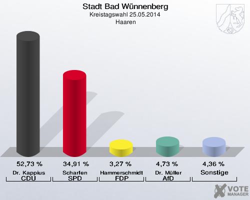 Stadt Bad Wünnenberg, Kreistagswahl 25.05.2014,  Haaren: Dr. Kappius CDU: 52,73 %. Scharfen SPD: 34,91 %. Hammerschmidt FDP: 3,27 %. Dr. Müller AfD: 4,73 %. Sonstige: 4,36 %. 