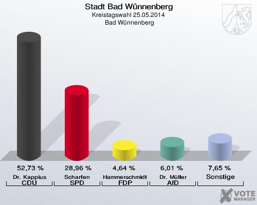 Stadt Bad Wünnenberg, Kreistagswahl 25.05.2014,  Bad Wünnenberg: Dr. Kappius CDU: 52,73 %. Scharfen SPD: 28,96 %. Hammerschmidt FDP: 4,64 %. Dr. Müller AfD: 6,01 %. Sonstige: 7,65 %. 