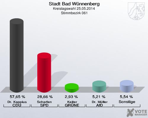 Stadt Bad Wünnenberg, Kreistagswahl 25.05.2014,  Stimmbezirk 061: Dr. Kappius CDU: 57,65 %. Scharfen SPD: 28,66 %. Keiter GRÜNE: 2,93 %. Dr. Müller AfD: 5,21 %. Sonstige: 5,54 %. 