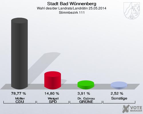 Stadt Bad Wünnenberg, Wahl des/der Landrats/Landrätin 25.05.2014,  Stimmbezirk 111: Müller CDU: 78,77 %. Weigel SPD: 14,80 %. Dr. Grünau GRÜNE: 3,91 %. Sonstige: 2,52 %. 