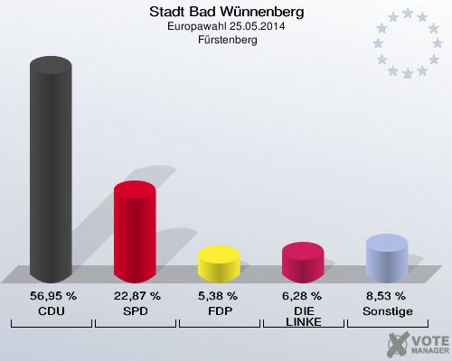 Stadt Bad Wünnenberg, Europawahl 25.05.2014,  Fürstenberg: CDU: 56,95 %. SPD: 22,87 %. FDP: 5,38 %. DIE LINKE: 6,28 %. Sonstige: 8,53 %. 