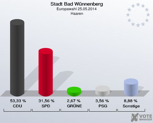 Stadt Bad Wünnenberg, Europawahl 25.05.2014,  Haaren: CDU: 53,33 %. SPD: 31,56 %. GRÜNE: 2,67 %. PSG: 3,56 %. Sonstige: 8,88 %. 
