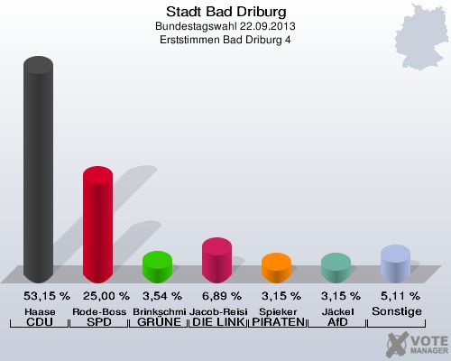 Stadt Bad Driburg, Bundestagswahl 22.09.2013, Erststimmen Bad Driburg 4: Haase CDU: 53,15 %. Rode-Bosse SPD: 25,00 %. Brinkschmidt GRÜNE: 3,54 %. Jacob-Reisinger DIE LINKE: 6,89 %. Spieker PIRATEN: 3,15 %. Jäckel AfD: 3,15 %. Sonstige: 5,11 %. 