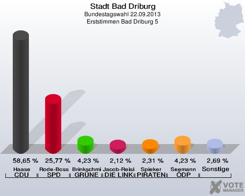 Stadt Bad Driburg, Bundestagswahl 22.09.2013, Erststimmen Bad Driburg 5: Haase CDU: 58,65 %. Rode-Bosse SPD: 25,77 %. Brinkschmidt GRÜNE: 4,23 %. Jacob-Reisinger DIE LINKE: 2,12 %. Spieker PIRATEN: 2,31 %. Seemann ÖDP: 4,23 %. Sonstige: 2,69 %. 