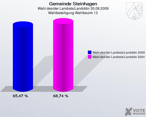 Gemeinde Steinhagen, Wahl des/der Landrats/Landrätin 30.08.2009, Wahlbeteiligung Wahlbezirk 13: Wahl des/der Landrats/Landrätin 2009: 65,47 %. Wahl des/der Landrats/Landrätin 2004: 68,74 %. 