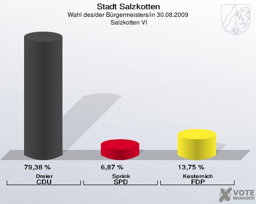 Stadt Salzkotten, Wahl des/der Bürgermeisters/in 30.08.2009,  Salzkotten VI: Dreier CDU: 79,38 %. Sprink SPD: 6,87 %. Kesternich FDP: 13,75 %. 