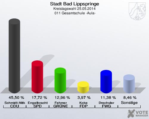 Stadt Bad Lippspringe, Kreistagswahl 25.05.2014,  011 Gesamtschule -Aula-: Schmidt-Nitkowski CDU: 45,50 %. Engelbracht SPD: 17,72 %. Fehmer GRÜNE: 12,96 %. Koke FDP: 3,97 %. Drechsler FWG Bad Lippspringe: 11,38 %. Sonstige: 8,46 %. 