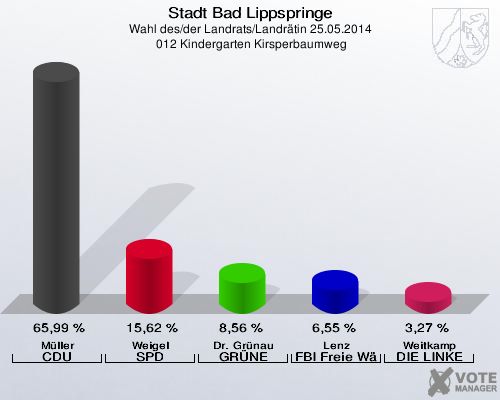 Stadt Bad Lippspringe, Wahl des/der Landrats/Landrätin 25.05.2014,  012 Kindergarten Kirsperbaumweg: Müller CDU: 65,99 %. Weigel SPD: 15,62 %. Dr. Grünau GRÜNE: 8,56 %. Lenz FBI Freie Wähler: 6,55 %. Weitkamp DIE LINKE: 3,27 %. 