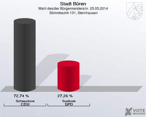 Stadt Büren, Wahl des/der Bürgermeisters/in  25.05.2014,  Stimmbezirk 101, Steinhausen: Schwuchow CDU: 72,74 %. Sudbrak SPD: 27,26 %. 