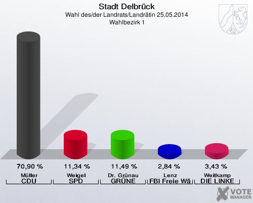 Stadt Delbrück, Wahl des/der Landrats/Landrätin 25.05.2014,  Wahlbezirk 1: Müller CDU: 70,90 %. Weigel SPD: 11,34 %. Dr. Grünau GRÜNE: 11,49 %. Lenz FBI Freie Wähler: 2,84 %. Weitkamp DIE LINKE: 3,43 %. 