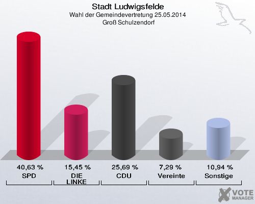 Stadt Ludwigsfelde, Wahl der Gemeindevertretung 25.05.2014,  Groß Schulzendorf: SPD: 40,63 %. DIE LINKE: 15,45 %. CDU: 25,69 %. Vereinte: 7,29 %. Sonstige: 10,94 %. 