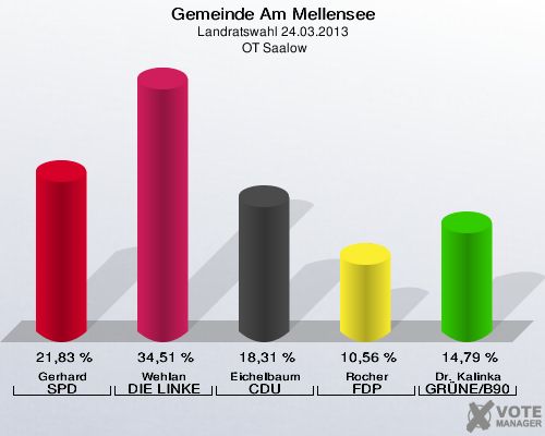 Gemeinde Am Mellensee, Landratswahl 24.03.2013,  OT Saalow: Gerhard SPD: 21,83 %. Wehlan DIE LINKE: 34,51 %. Eichelbaum CDU: 18,31 %. Rocher FDP: 10,56 %. Dr. Kalinka GRÜNE/B90: 14,79 %. 