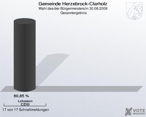 Gemeinde Herzebrock-Clarholz, Wahl des/der Bürgermeisters/in 30.08.2009,  Gesamtergebnis: Lohmann CDU: 80,85 %. 17 von 17 Schnellmeldungen